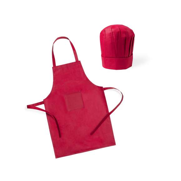  	Set infantil de delantal y gorro de cocina en non-woven de vivos colores. Delantal con bolsillo frontal y cintas de ajuste.