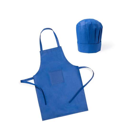  	Set infantil de delantal y gorro de cocina en non-woven de vivos colores. Delantal con bolsillo frontal y cintas de ajuste.