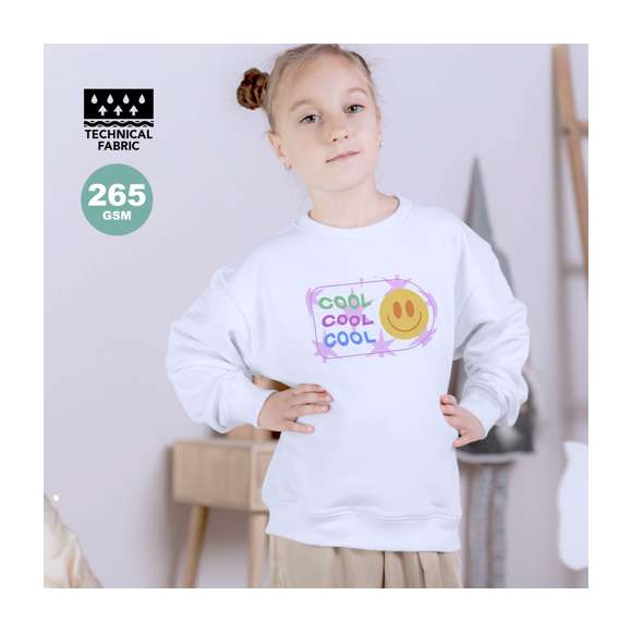 Sudadera técnica para niño unisex. En material 100% poliéster de 265g/m2. Disponible en variada gama de vivos colores. Tallas 4-5, 6-8, 10-12.