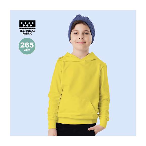 Sudadera técnica para niño unisex. Con capucha, cintas de ajuste, bolsillo tapete frontal y en material 100% poliéster de 265g/m2. Disponible en variada gama de vivos colores. Tallas 4-5, 6-8, 10-12.