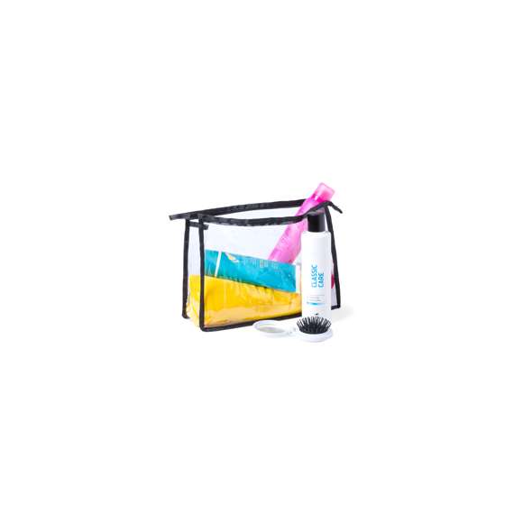  	Neceser multiusos en resistente PVC transparente con ribetes de refuerzo en vivos colores. Con cremallera y asa de transporte a juego.