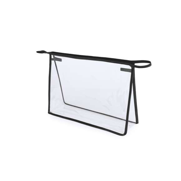  	Neceser multiusos en resistente PVC transparente con ribetes de refuerzo en vivos colores. Con cremallera y asa de transporte a juego.