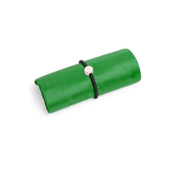 Bolsa plegable en divertidos y variados colores. De suave poliéster 190T, con elástico para plegado y de acabado cosido.