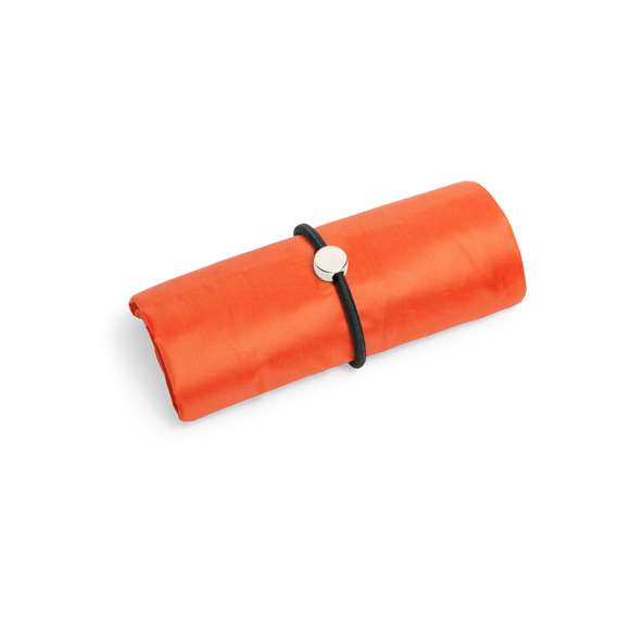 Bolsa plegable en divertidos y variados colores. De suave poliéster 190T, con elástico para plegado y de acabado cosido.