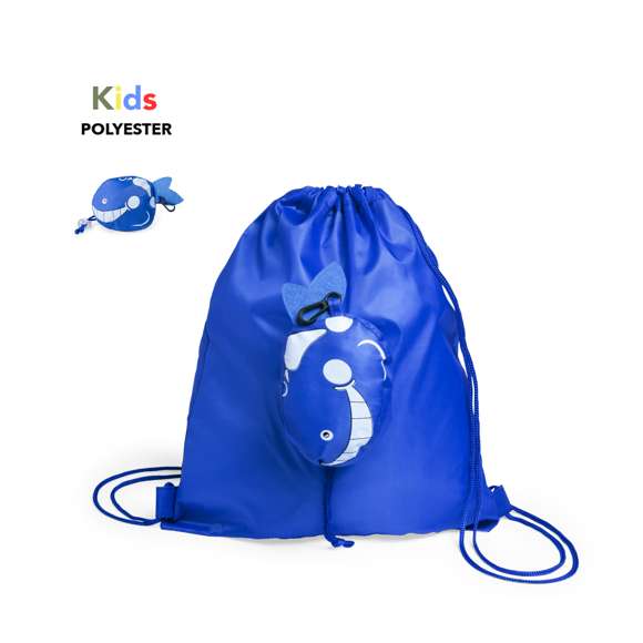 Mochila de cuerdas plegable para niño, en poliéster 190T de alegre diseño de animales y variada gama de colores. Con asa de transporte, cuerdas autocierre y refuerzos laterales a juego. Plegado de pequeño tamaño en forma de animalitos, con cuerda a juego y accesorio de ajuste.