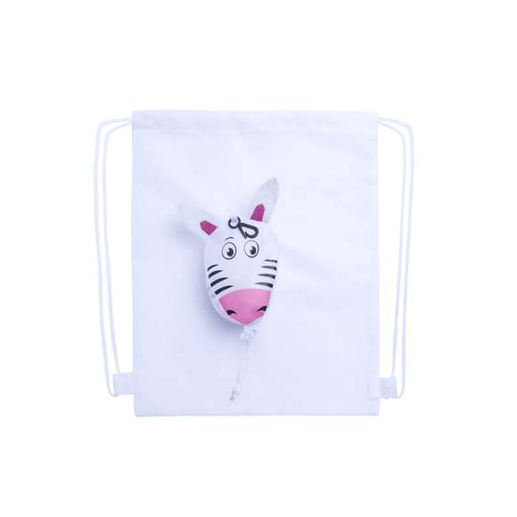 Mochila de cuerdas plegable para niño, en poliéster 190T de alegre diseño de animales y variada gama de colores. Con asa de transporte, cuerdas autocierre y refuerzos laterales a juego. Plegado de pequeño tamaño en forma de animalitos, con cuerda a juego y accesorio de ajuste.