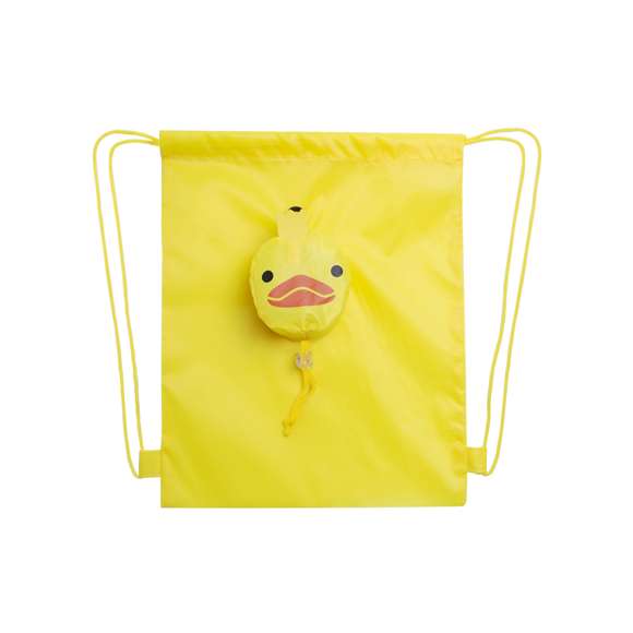 Mochila de cuerdas plegable para niño, en poliéster 190T de alegre diseño de animales y variada gama de colores. Con asa de transporte, cuerdas autocierre y refuerzos laterales a juego. Plegado de pequeño tamaño en forma de animalitos, con cuerda a juego y accesorio de ajuste.