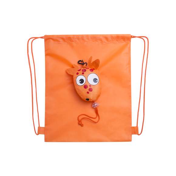 Mochila de cuerdas plegable para niño, en poliéster 190T de alegre diseño de animales y variada gama de colores. Con asa de transporte, cuerdas autocierre y refuerzos laterales a juego. Plegado de pequeño tamaño en forma de animalitos, con cuerda a juego y accesorio de ajuste.