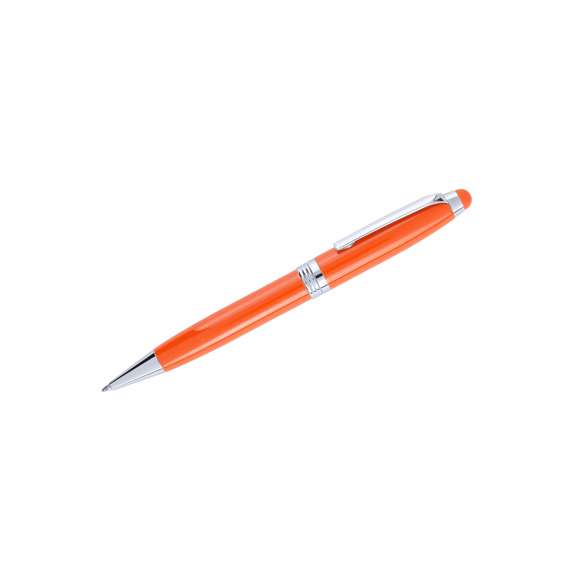 Bolígrafo puntero de mecanismo giratorio con cuerpo metálico de suave acabado en alegres colores. Accesorios y anillas en color plateado. Con puntero a juego y presentado en original estuche metálico a juego. De cartucho jumbo y tinta azul.