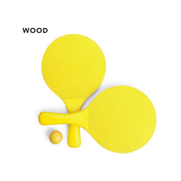  	Par de palas de playa de alta calidad en madera natural de variada gama en vivos colores. Con mango reforzado a juego y presentadas en bolsa redecilla con pelota.