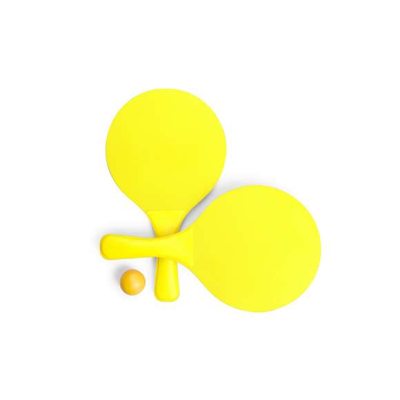  	Par de palas de playa de alta calidad en madera natural de variada gama en vivos colores. Con mango reforzado a juego y presentadas en bolsa redecilla con pelota.