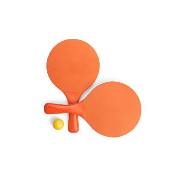  	Par de palas de playa de alta calidad en madera natural de variada gama en vivos colores. Con mango reforzado a juego y presentadas en bolsa redecilla con pelota.