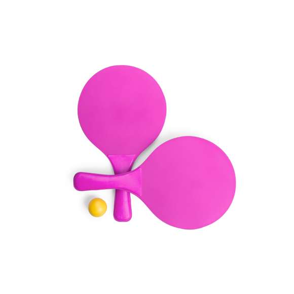  	Par de palas de playa de alta calidad en madera natural de variada gama en vivos colores. Con mango reforzado a juego y presentadas en bolsa redecilla con pelota.