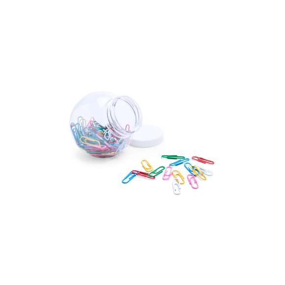 Original bote porta clips de cuerpo transparente y tapa blanca a rosca con superficie lisa para marcaje. Con 100 clips multicolor recubiertos en PVC incluidos.