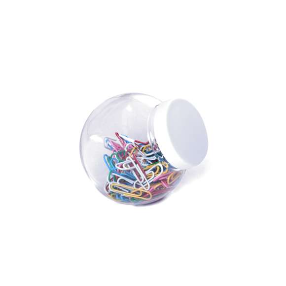 Original bote porta clips de cuerpo transparente y tapa blanca a rosca con superficie lisa para marcaje. Con 100 clips multicolor recubiertos en PVC incluidos.