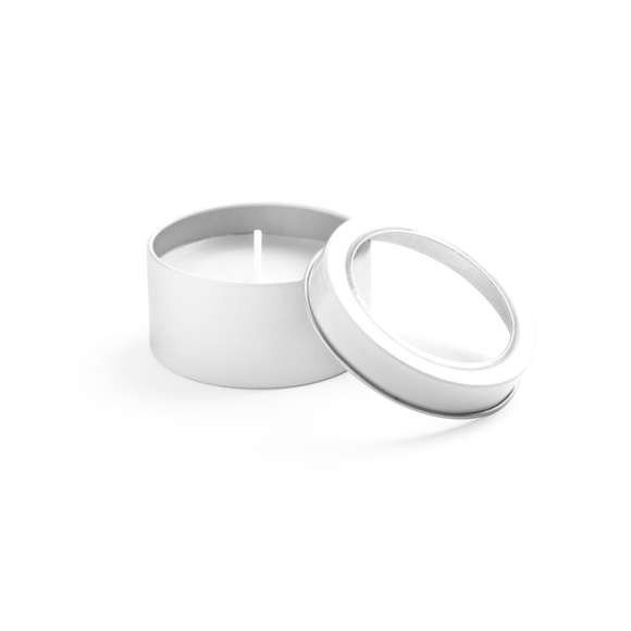 Vela aromática de fragancia vainilla presentada en original tarro metálico con ventana transparente en variada gama de vivos colores.