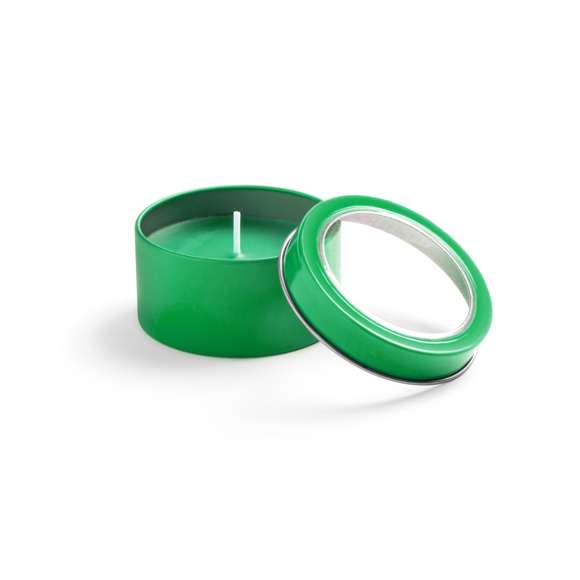 Vela aromática de fragancia vainilla presentada en original tarro metálico con ventana transparente en variada gama de vivos colores.