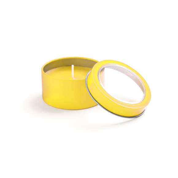 Vela aromática de fragancia vainilla presentada en original tarro metálico con ventana transparente en variada gama de vivos colores.