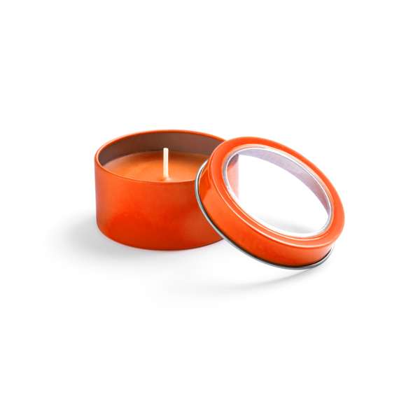 Vela aromática de fragancia vainilla presentada en original tarro metálico con ventana transparente en variada gama de vivos colores.