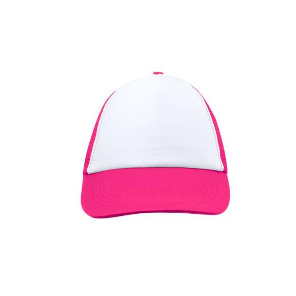 Gorra tipo trucker de 5 paneles en material 100% poliéster de suave acabado. En variada gama de vivos colores, con panel frontal en color blanco y cierre ajustable de plástico.