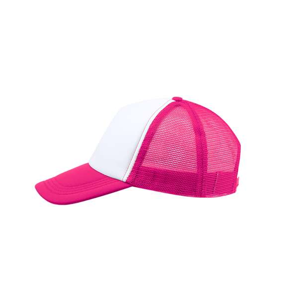 Gorra tipo trucker de 5 paneles en material 100% poliéster de suave acabado. En variada gama de vivos colores, con panel frontal en color blanco y cierre ajustable de plástico.