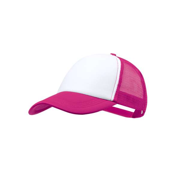 Gorra tipo trucker de 5 paneles en material 100% poliéster de suave acabado. En variada gama de vivos colores, con panel frontal en color blanco y cierre ajustable de plástico.