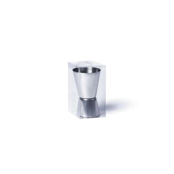 Medidor de bebidas en acero inox de acabado mate. Diseñado especialmente para marcaje en láser y presentado en caja de PVC.
