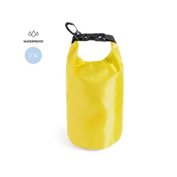 Bolsa impermeable de 2,3l de capacidad, fabricada en resistente ripstop. Cierre de seguridad, asa con hebilla de ajuste y mosquetón incluido. Disponible en variada gama de colores brillantes.