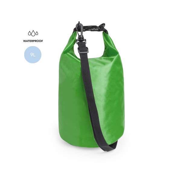 Bolsa impermeable de 9l de capacidad, fabricada en resistente ripstop. Con cierre de seguridad, asa con hebilla de ajuste, mosquetón, y cinta bandolera ajustable. Disponible en variada gama de colores brillantes.