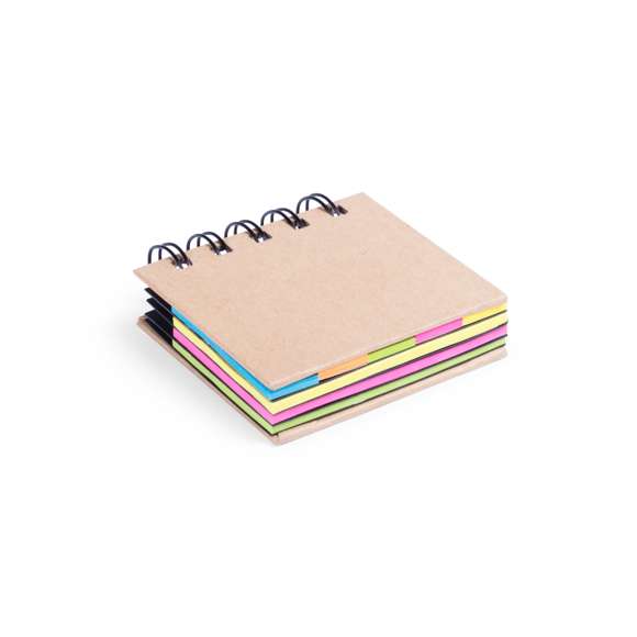 Bloc de notas adhesivas de anillas con tapas de suave tacto acabadas en resistente cartón reciclado rígido. Con 75 notas adhesivas grandes y 125 mini notas adhesivas.