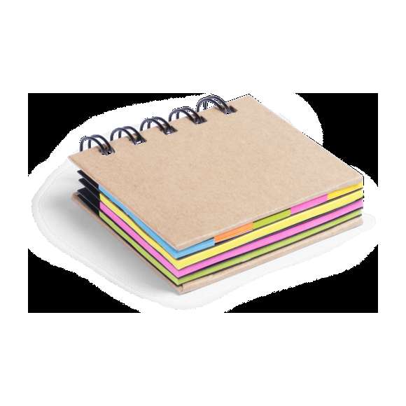 Bloc de notas adhesivas de anillas con tapas de suave tacto acabadas en resistente cartón reciclado rígido. Con 75 notas adhesivas grandes y 125 mini notas adhesivas.