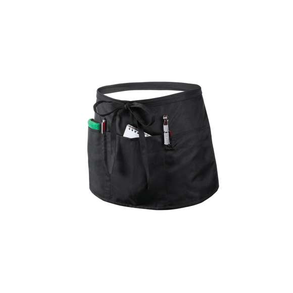 Delantal para cintura en material 100% poliéster de suave acabado en elegante color negro. Con 2 bolsillos grandes, bolsillo mediano y funda par bolígrafo. Ajustable mediante cintas.