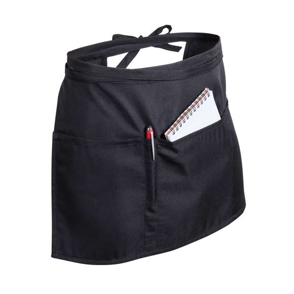 Delantal para cintura en material 100% poliéster de suave acabado en elegante color negro. Con 2 bolsillos grandes, bolsillo mediano y funda par bolígrafo. Ajustable mediante cintas.