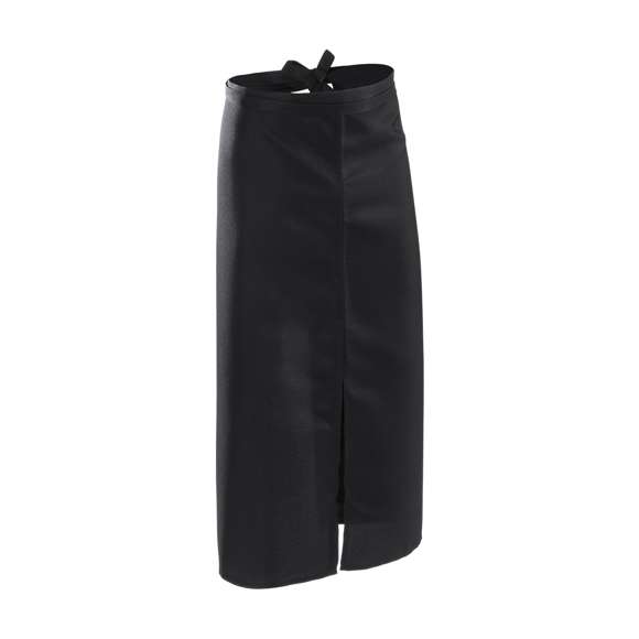  	Delantal para cintura fabricado en resistente poliéster y en elegante color negro. De corte por debajo de la rodilla y con cintas de ajuste.
