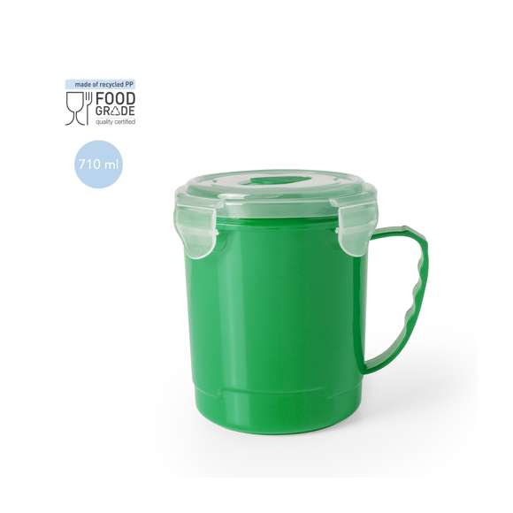 Tarro de 710ml de capacidad en resistente PP especialmente diseñado para líquidos. En variada gama en vivos colores, tapadera translúcida con 4 cierres, anilla de seguridad interior y dosificador integrado. Asa ergonómica a juego