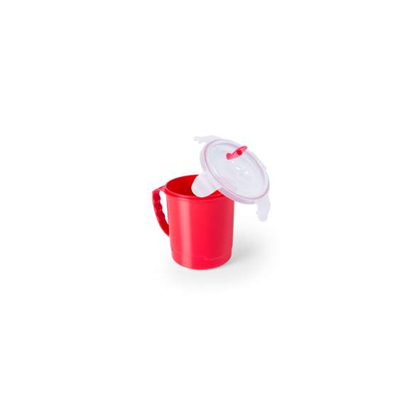 Tarro de 710ml de capacidad en resistente PP especialmente diseñado para líquidos. En variada gama en vivos colores, tapadera translúcida con 4 cierres, anilla de seguridad interior y dosificador integrado. Asa ergonómica a juego