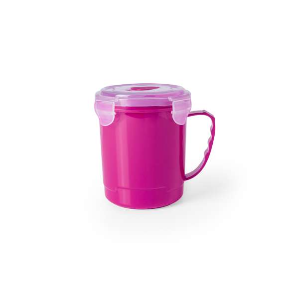 Tarro de 710ml de capacidad en resistente PP especialmente diseñado para líquidos. En variada gama en vivos colores, tapadera translúcida con 4 cierres, anilla de seguridad interior y dosificador integrado. Asa ergonómica a juego