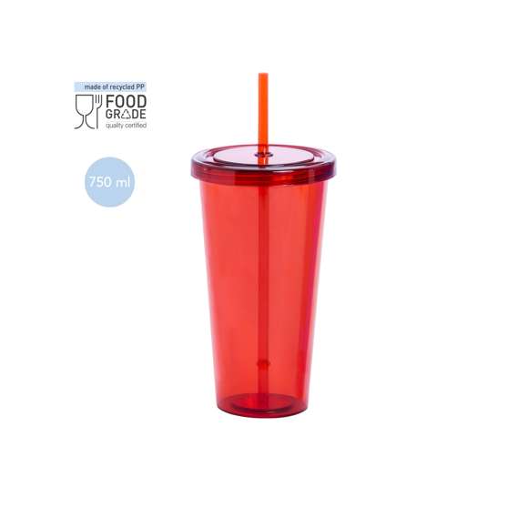 Divertido vaso de PS de 750ml de capacidad con cuerpo transparente en variada gama de vivos colores. Con tapa a rosca y pajita a juego.Disponible manual de instrucciones en español e inglés.