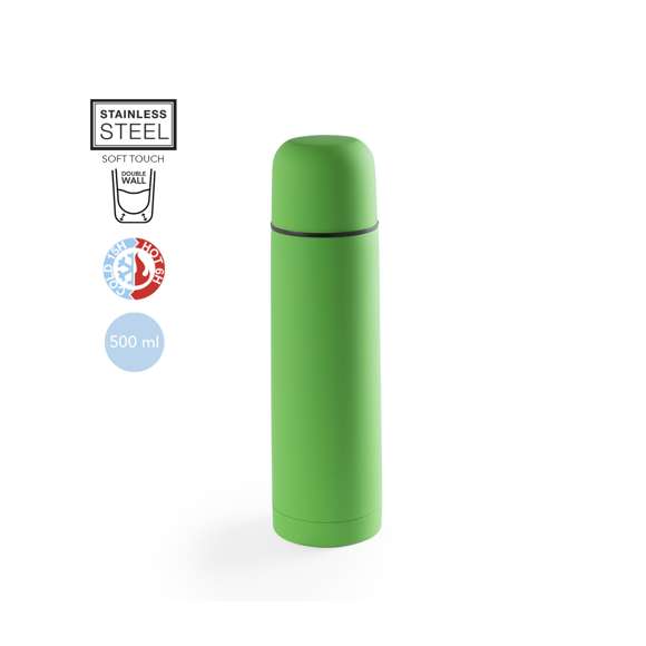 Termo de acero inox de 500ml de capacidad en diseño monocolor de vivos colores. Con dosificador de seguridad y tapa a rosca convertible en taza. Presentado en caja individual. Disponible manual de instrucciones en español e inglés.