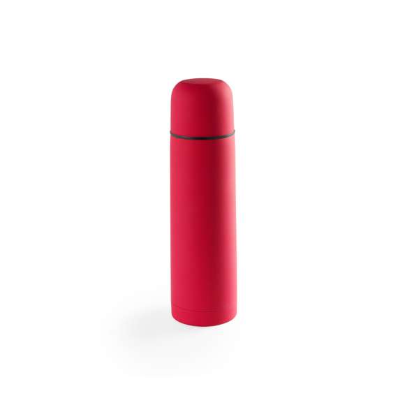 Termo de acero inox de 500ml de capacidad en diseño monocolor de vivos colores. Con dosificador de seguridad y tapa a rosca convertible en taza. Presentado en caja individual. Disponible manual de instrucciones en español e inglés.