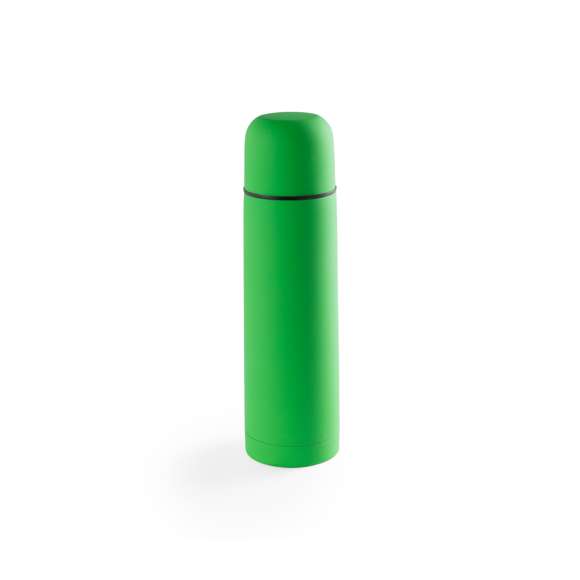 Termo de acero inox de 500ml de capacidad en diseño monocolor de vivos colores. Con dosificador de seguridad y tapa a rosca convertible en taza. Presentado en caja individual. Disponible manual de instrucciones en español e inglés.
