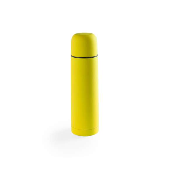 Termo de acero inox de 500ml de capacidad en diseño monocolor de vivos colores. Con dosificador de seguridad y tapa a rosca convertible en taza. Presentado en caja individual. Disponible manual de instrucciones en español e inglés.