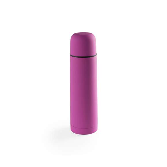 Termo de acero inox de 500ml de capacidad en diseño monocolor de vivos colores. Con dosificador de seguridad y tapa a rosca convertible en taza. Presentado en caja individual. Disponible manual de instrucciones en español e inglés.