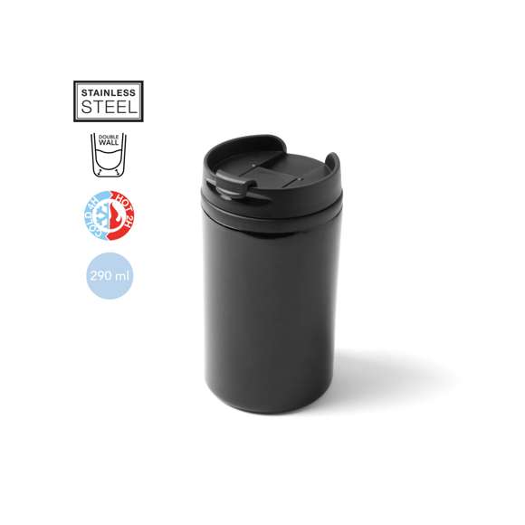 Vaso fabricado en acero inox de 290ml de capacidad con cuerpo en vivos colores de acabado brillante. Con tapa dosificador y base acolchada de suave espuma. Es ideal para tener en tu escritorio, mesa o en cualquier superficie donde disfrutar tranquilamente de tu bebida favorita.