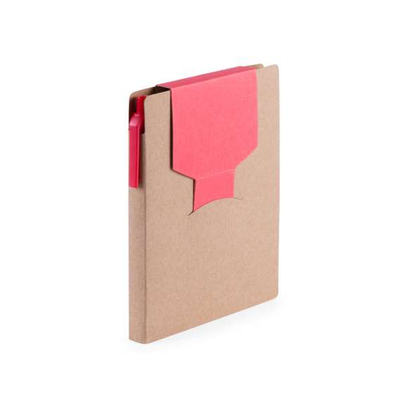 Bloc de notas adhesivas con bolígrafo de cartón reciclado a juego incluido. De original diseño bicolor, tapas de suave tacto con autocierre de tira en parte superior a juego y acabadas en resistente cartón reciclado rígido. Con soporte para el bolígrafo integrado en lomo, 70 hojas lisas, 25 notas adhesivas grandes, 25 medianas y 100 mini notas adhesivas.