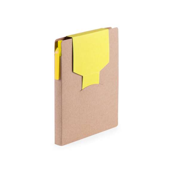 Bloc de notas adhesivas con bolígrafo de cartón reciclado a juego incluido. De original diseño bicolor, tapas de suave tacto con autocierre de tira en parte superior a juego y acabadas en resistente cartón reciclado rígido. Con soporte para el bolígrafo integrado en lomo, 70 hojas lisas, 25 notas adhesivas grandes, 25 medianas y 100 mini notas adhesivas.
