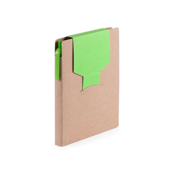 Bloc de notas adhesivas con bolígrafo de cartón reciclado a juego incluido. De original diseño bicolor, tapas de suave tacto con autocierre de tira en parte superior a juego y acabadas en resistente cartón reciclado rígido. Con soporte para el bolígrafo integrado en lomo, 70 hojas lisas, 25 notas adhesivas grandes, 25 medianas y 100 mini notas adhesivas.