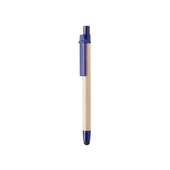 Bolígrafo puntero de mecanismo pulsador en original combinación de cuerpo en cartón reciclado de color natural y accesorios en vivos colores con puntero negro. Tinta azul.