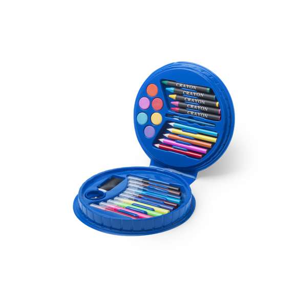  	Set de 14 piezas en estuche de diseño circular con resistente cuerpo acabado en brillantes colores e interior con compartimentos de seguridad. Contiene goma, sacapuntas, ceras y lápices de madera de cuerpo cilíndrico, rotuladores, acuarelas y pincel.
