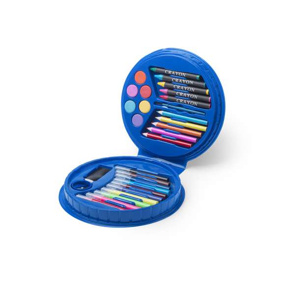  	Set de 14 piezas en estuche de diseño circular con resistente cuerpo acabado en brillantes colores e interior con compartimentos de seguridad. Contiene goma, sacapuntas, ceras y lápices de madera de cuerpo cilíndrico, rotuladores, acuarelas y pincel.